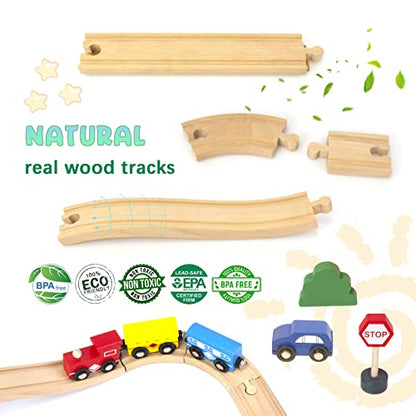 60Pcs Train Set for 3 Year Old Boys, Double-Side Wooden Train Set Tracks for Toddlers, Fits Brio, Thomas, Melissa and Doug, Kids Wood Train Toys for 3 4 5 Year Old Boys and Girls (Yellow) - WoodArtSupply