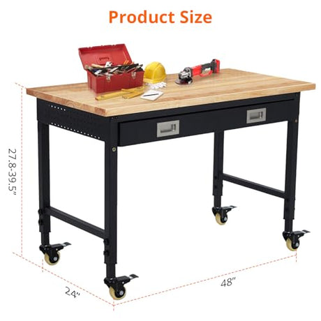 48"x 24" Workbench with Drawer for Garage, Rolling Heavy-Duty Worktable with Power Outlet and Lockable Wheels, Adjustable Height Rubber Wood Top Shop Table for Workshop, 2000LBS Load Capacity ElfinAura