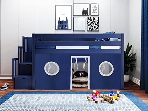 JACKPOT! Contemporary Low Loft Twin Bed with a 3 Drawer Stairway, Blue with Blue & White Tent