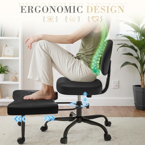 Furmax Ergonomic Criss Cross Legged Office Chair with Wheels, 360°Swivel Adjustable Height Kneeling Desk Chair with Footrest for ADHD, Yoga, Meditation, Home Office (Leather, Black) Furmax