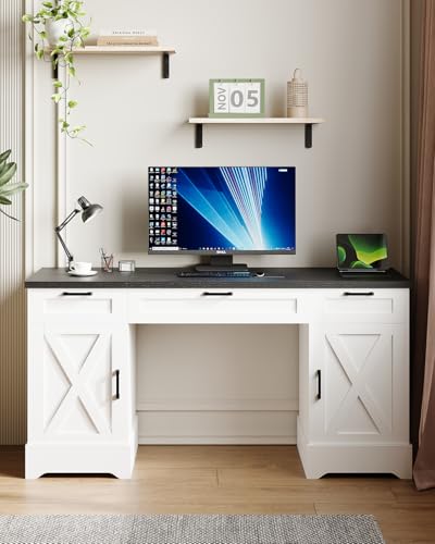 HOPUBUY Farmhouse Executive Desk with File Drawers,Wood Home Office Desk w/Charging Station,Adjustable Storage Cabinets,White Computer Writing Desk for Work,Study HOPUBUY