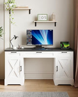 HOPUBUY Farmhouse Executive Desk with File Drawers,Wood Home Office Desk w/Charging Station,Adjustable Storage Cabinets,White Computer Writing Desk for Work,Study HOPUBUY