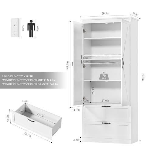 HOSTACK 70" Tall Kitchen Pantry Storage, Barn Doors Pantry Cabinet with Drawers and Adjustable Shelf, Modern Farmhouse Storage Cabinet for Kitchen, Dining Room, Living Room, Bathroom, White HOSTACK