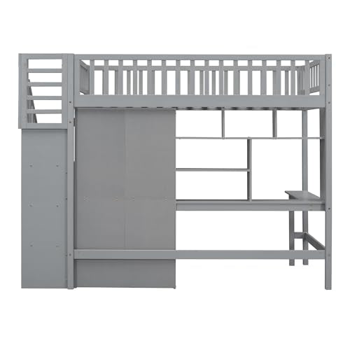 Twin Loft Bed with Storage, Desk, and Wardrobe by Harper & Bright Designs - Grey Solid Wood Frame - WoodArtSupply