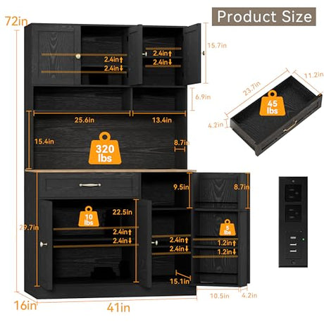 FJTJBSI 72" Kitchen Pantry Cabinet with LED Light and Charging Station Tall Pantry Storage Cabinet with Adjustable Shelves and Door Shelves Modern Kitchen Hutch with Countertop Black FJTJBSI