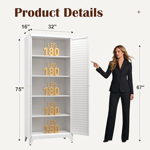 SteeLoong Kitchen Pantry Cabinet,75" Metal Storage Cabinet with Doors and 4 Adjustable Shelves,White Tall Locker Organizer Steel Garage Cabinets for Tool,File Cabinet for Office,Kitchen,Garage,School SteeLoong