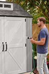 Rubbermaid Resin Outdoor Storage Shed With Floor (7 x 7 Ft), Weather Resistant, Gray, Organization for Home/Backyard/Garden Tools/Lawn Mower/Bike Storage/Pool Supplies Rubbermaid