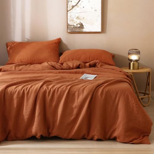 Gaytri Handicraft 100% Linen Duvet Cover with Pillowcase Twin Full Queen King Single Double Sizes Bedding Set with Buttons & Ties, Brunt Orange Linen Comforter Set (King 90x104) Generic
