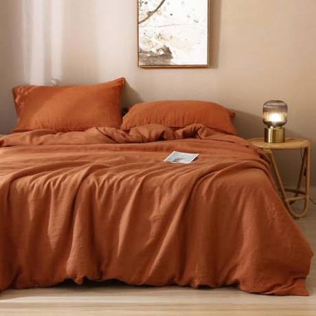 Gaytri Handicraft 100% Linen Duvet Cover with Pillowcase Twin Full Queen King Single Double Sizes Bedding Set with Buttons & Ties, Brunt Orange Linen Comforter Set (King 90x104) Generic