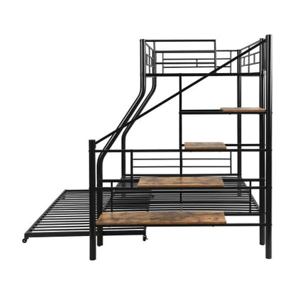 Metal Bunk Bed with Trundle Bed Twin Over Full Size Metal Bunk Bed with Storage Staircase, Black