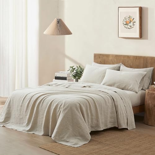 ATLINIA 100% Pure Flax Linen Bedding Set - Stone Washed French Linen Fabric Deep Pocket Fitted Sheet Farmhouse Flat Sheet 2 Pillowcases (Natural, King) ATLINIA