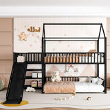 Bellemave Twin Over Twin Bunk Bed with Slide, Kids House Floor Bunk Bed with Storage Stairs and Full Length Guardrail, Heavy Duty Bunk Beds for Girls, Boys, Black Bellemave