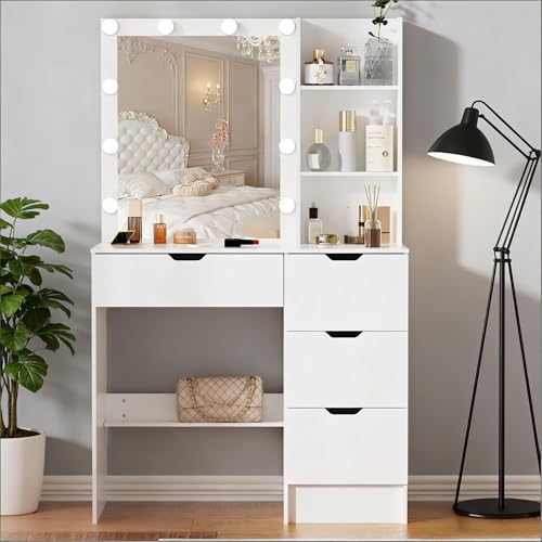 onesaimei Makeup Vanity Desk with Mirror and LED Lights, Vanity Desk with Drawers and Multiple Shelvers, Dressing Table with with Lighted Mirror for Bedroom, White onesaimei
