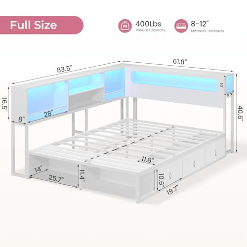 ADORNEVE Corner Bed Frame Full Size with Bookcase Storage & RGB Lights, Charging Station, Metal Daybed with 3 Drawers & 2 Open Cubbies, for Teens, Small Space, White ADORNEVE