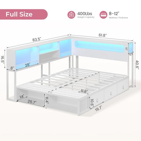ADORNEVE Corner Bed Frame Full Size with Bookcase Storage & RGB Lights, Charging Station, Metal Daybed with 3 Drawers & 2 Open Cubbies, for Teens, Small Space, White ADORNEVE