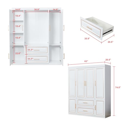 ModMakers 74" H 4 Doors 2Drawers White Bedroom Wardrobe Armoire Closet, Freestanding Bathroom Armoire Cabinet with Hanging Rod Shleves, Large Wooden Bedroom Clothes Storage Organizer