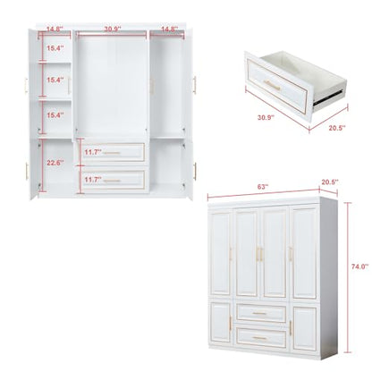 ModMakers 74" H 4 Doors 2Drawers White Bedroom Wardrobe Armoire Closet, Freestanding Bathroom Armoire Cabinet with Hanging Rod Shleves, Large Wooden Bedroom Clothes Storage Organizer