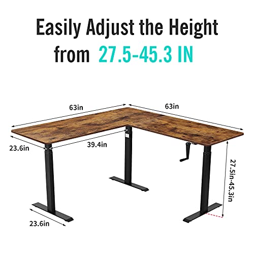 UNICOO – L Shaped Crank Height Adjustable Standing Desk, Sit to Stand up Corner Desk, L-Shaped Standing Workstation (Black Frame/Rustic Brown Top- L Shape Crank) UNICOO