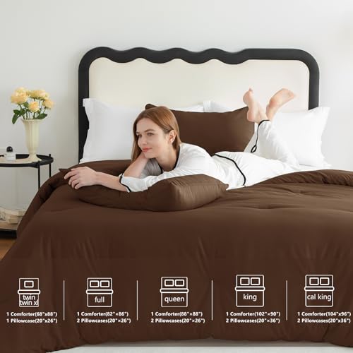 CozyLux Full Size Comforter Set Brown, 3 Pieces Solid Breathable Quilted Style Bedding Sets, Luxury Fluffy Soft Bed Set with Down Alternative Comforter for All Season (1 Comforter & 2 Pillowcases) CozyLux