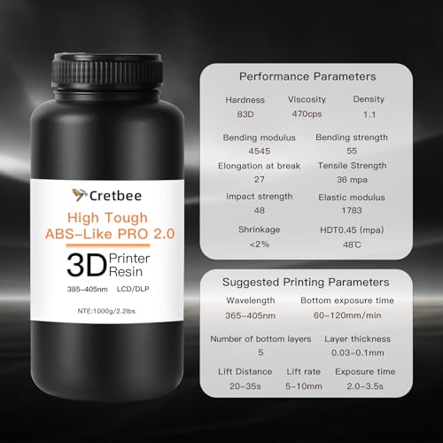 Cretbee 3D Printer Resin, ABS-Like Pro 2 Flexible 3D Printing Resin, Enhanced Strength and Toughness 405nm Low Odor Photopolymer Resin for DLP/LCD 3D Printers (Black, 1000g)