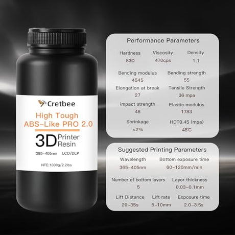 Cretbee 3D Printer Resin, ABS-Like Pro 2 Flexible 3D Printing Resin, Enhanced Strength and Toughness 405nm Low Odor Photopolymer Resin for DLP/LCD 3D Printers (Black, 1000g) Cretbee