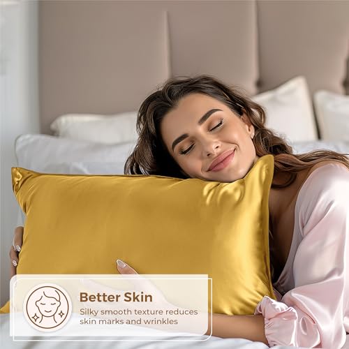Pure Bedding Satin Pillowcase 2 Pack - King Size (20"x40", Gold) - Silky Pillow Cases for Hair and Skin - Satin Pillow Covers with Envelope Closure - Extra Soft Premium Microfiber Pure Bedding