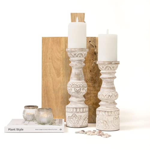 Kurrajong Farmhouse Candle Holders - Boho Set of 2 Tall Candle Stands | Decorative Wood Candle Holders | 10" and 12" high | White Washed Candle Holders for Pillar Candles Kurrajong Farmhouse