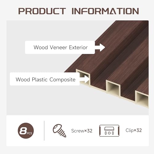POHARE WPC Slat Wall Panels, 8 Pack Accent Slat Wood Slats for Wall and Ceilings, Acoustic Panels for Interior Wall Modern Décor, Walnut, 95 x 6 in POHARE