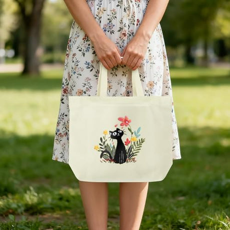 ERKOON Canvas Tote Bag Embroidery Kit for Beginners, Floral Arts Crafts Cross Stitch Kits for Adults Including Stamped Embroidery Bag with Hoops, Needle, Instruction and Color Threads (Cat) ERKOON