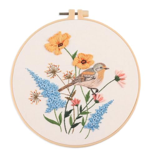 Meecaa Bird Flower Animal Embroidery Kit Starter Set, Hand Embroidery Set,Pattern Printed Cross Stitch Set for Beginner Adults, with Embroidery Hoop and Instructions (Bird 1)