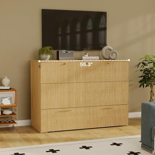 Jotirxe Full Size Murphy Bed: Murphy Cabinet with Charging Station & Large Drawers, Fluted Cabinet Bed with Foldable Panel for Guest Room, Living Room and Office, Oak Jotirxe