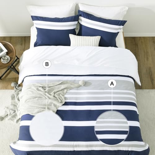 Finlonte King Size Comforter Set, Navy Blue Grey White Striped Comforter Bedding Set, 100% Cotton Luxury Fluffy Cozy Bed Set, Modern Minimalist Lightweight King Quilted Comforter All Season, 104"x90" Finlonte