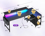 ODK 58 Inch Gaming Desk with USB Charging Ports and LED Lights, Reversible L Shaped Computer Desk with Storage Shelves & Monitor Stand, Corner Gamer Desk Table with Power Outlets, Black ODK