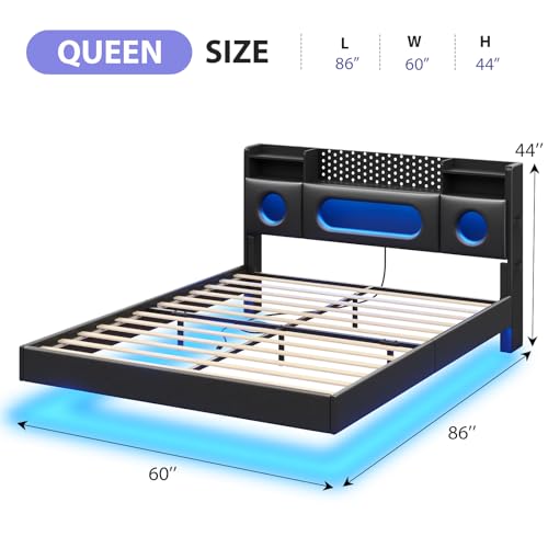 busyaeh Floating Bed Frame Queen with Storage Headboard, Platform Bed Queen Size with Storage & LED Lights,Metal Floating Queen Bed Frame, No Box Spring Needed, Noise-Free, Easy Assembly, PU Black busyaeh