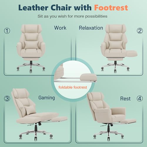 GABRYLLY Office Criss Cross Chair with Footrest, Big and Tall Executive Chair with Wide Seat,Reversible Armrest,Wheels, Lumbar Pillow and 120°Tilt,Computer Desk Chair for Gaming,Meditation,Ivory GABRYLLY