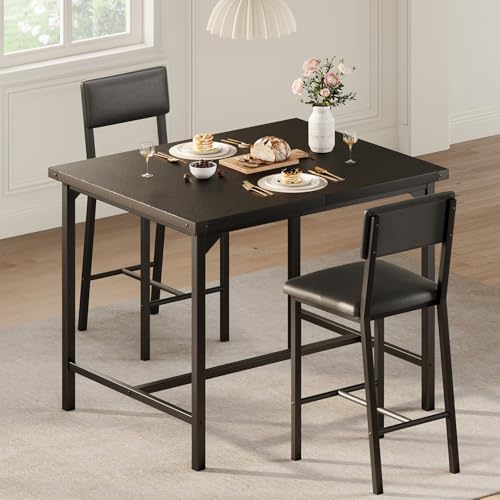 GAOMON Dining Table Set for 2 w/Backrest, Counter Height Table with 2 Upholstered Bar Stools, 3-Piece Kitchen Table Set with Footrest & Corner Protector, for Dining Room, Kitchen, Retro Black GAOMON