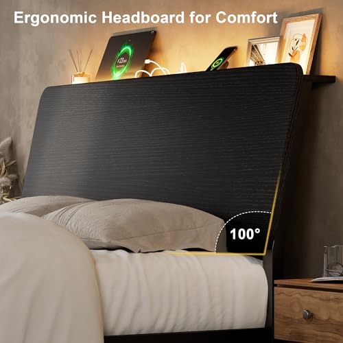 Feonase Full Size Bed Frame with Ergonomic Storage Headboard & Charging Station, LED Platform Bed Frame, Heavy Duty Metal Slats, No Box Spring Needed, Easy Assembly, Black Feonase
