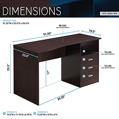 Techni Mobili Classic Computer Desk with Multiple Drawers, 29.5" x 23.6" x 51.2", Wenge - WoodArtSupply