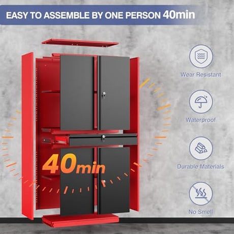 LISSIMO Metal Garage Storage Cabinet with Locking Doors and Drawer, 71" Steel Tool Storage Cabinet with Adjustable Shelves for Garage,Office,Warehouse (Red Black) LISSIMO