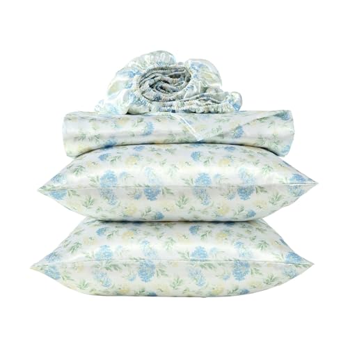 Laura Ashley - Full Size Sheet Set, Crisp & Cool Printed Satin Bedding with a Light and Breathable Feel, 4 Piece Bed Sheets with Deep Pocket Fitted Sheet & Matching Pillowcases (Edwina Blue) Laura Ashley