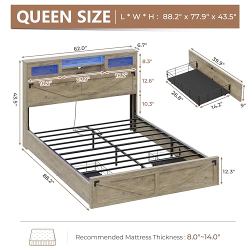 Hasuit Rustic Oak Queen Bed Frame with Bookcase Headboard, LED Lights, Charging Station & 2 Drawers - WoodArtSupply