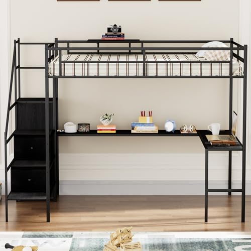 Bellemave Full Size Loft Bed with Desk, LED Lights and Charging Station, Full Loft Bed with Stairs, Wardrobe and 2 Storage Drawers, Heavy Duty Loft Beds Frame, Black Bellemave