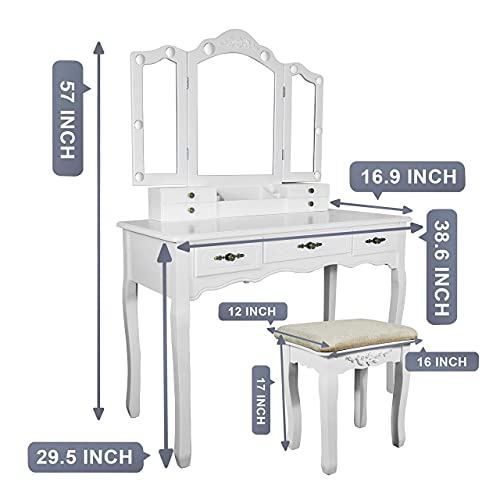 ENSTVER Vanity Beauty Station,Tri-Folding Mirrors,6 Organization 7 Drawers Makeup Dress Table with Cushioned Stool-White ENSTVER