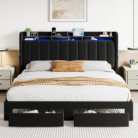 SHA CERLIN Velvet King Size Bed Frame with Vertical Channel Tufted Wingback Headboard & 2 Storage Drawers/2-Tier Shelves with LED Lights & Charging Station/Noise-Free/No Box Spring Needed/Black SHA CERLIN