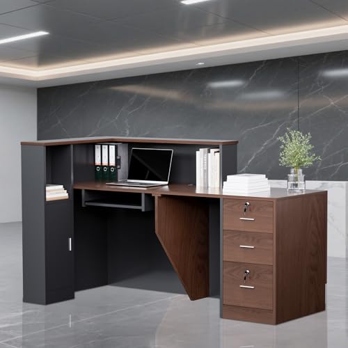 Easilywinlife 70.87IN Modern Wooden Commercial L Shaped Reception Desk with Counter, Lockable Drawers, Door Cabinet, Front Desk for Checkout, Lobby, Beauty Salon, Walnut, Right Cabinet Easilywinlife