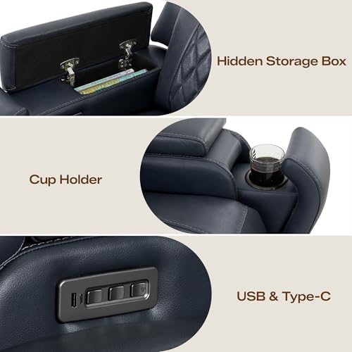 Watson & Whitely Genuine Leather Wall Hugger Power Recliner Chair with Power Headrest, Heating & Cooling, Electric Lay Flat Recliner with Cup Holders & Armrest Storage for Living Room, Navy Blue