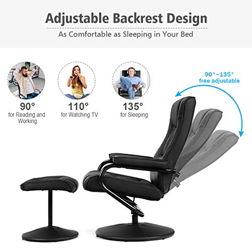 WATERJOY Swivel Recliner Chair, PU Leather Lounge Armchair Recliner, 360 Degree Swivel Overstuffed Padded Seat Chair with Footrest Stool Ottoman Set for Office Living Room Black