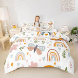 Homewish Rainbow Comforter Set Full Size | Girls Bedding Set Boho Moth Quilt Set Kids Child Teens Bedroom Decor,Cartoon Love Flower Leaves Down Comforter 3Pcs with 2 Pillowcases Homewish