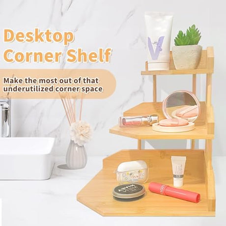 HYNAWIN Bamboo Corner Desk Organizer Shelf, 3-Tier Triangle Storage Rack for Office & Home, Space-Saving Desktop Shelf for Books, Stationery, Makeup, Small Items HYNAWIN