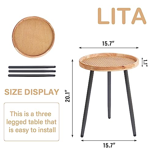 LITA Rattan Log Desktop Round Side End Table, Nightstand/Small Tables, Indoor Outdoor Wooden Tray Table with Metal Stand End Table for Living Room Bedroom Office Small Spaces LITA